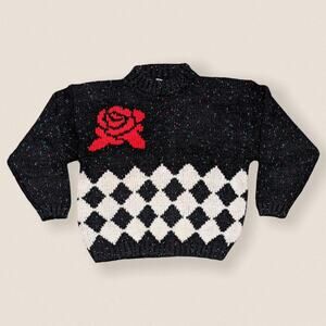 Vintage 80s Black Rose Checkered Pattern Sweater Mockneck Size Small